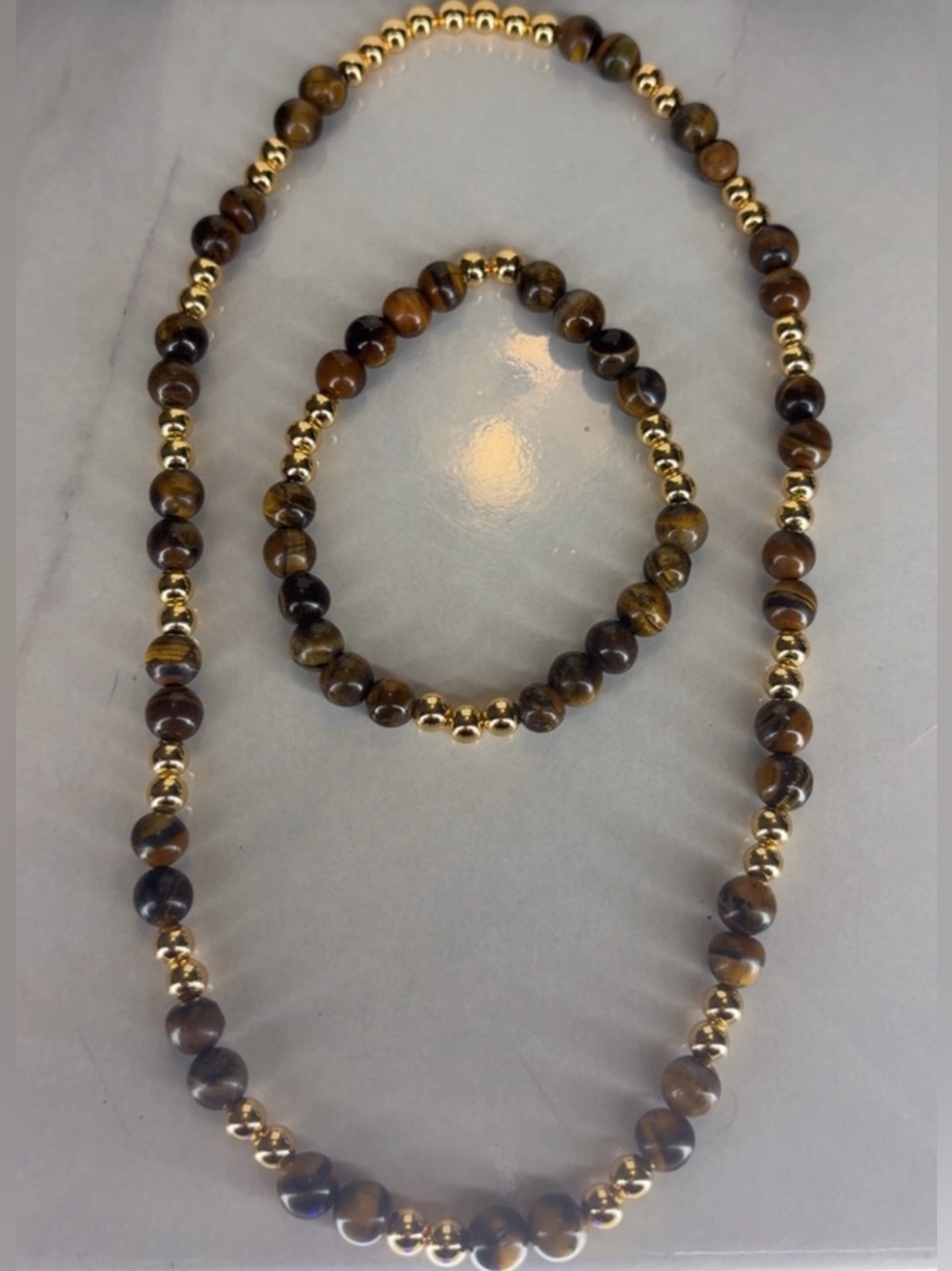 Tiger Eye Bead Necklace & Bracelet Set - Brown with Gold Accents